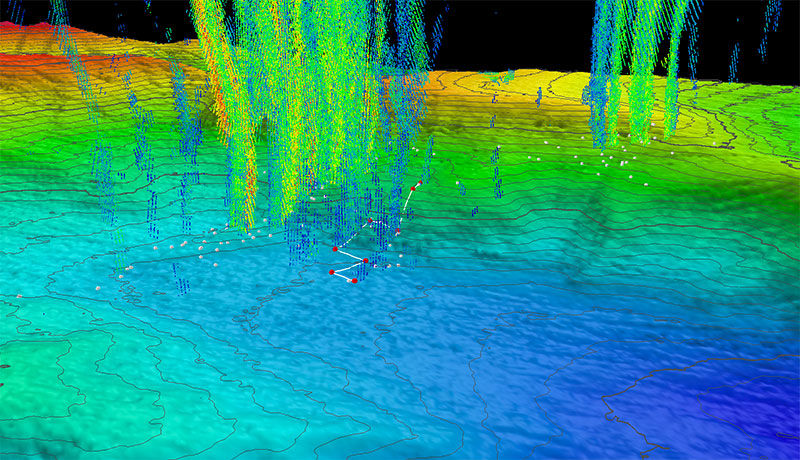 Three-dimensional perspective of D2 Dive 19 track (white lines) and waypoints (red points) with superposed water column bubble plumes imaged by NOAA Ship Okeanos Explorer mapping team (multi-colored point clouds). Methane bubble plumes at Norfolk Seeps have been imaged rising over 900 meters (2,950 feet) above the seafloor in some surveys. Bathymetric data were collected with the Okeanos Explorer multibeam sonar and are contoured at 10-meter (about 33-foot) intervals. The locations of previously identified seeps are indicated with white points. All data shown at two times vertical exaggeration.