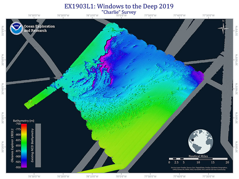 Figure of survey area on the central Blake Plateau, mapped during the first leg of the Windows to the Deep 2019 . The seafloor mapping data revealed unique geological features in the northwestern part of the survey area, particularly a unique underwater cliff-like structure with a vertical drop of approximately 200 meters.