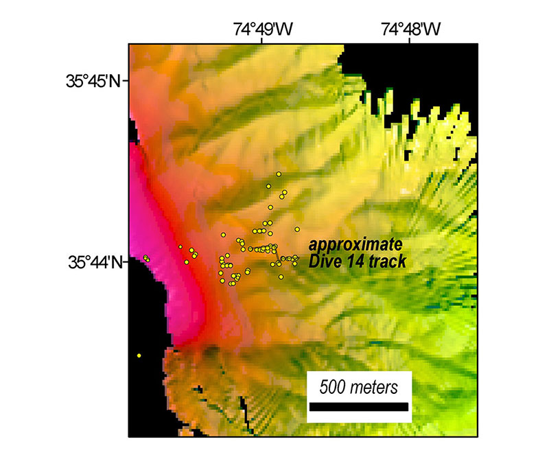 New bathymetric data acquired by NOAA Ship Okeanos Explorer with the location of methane seeps identified since 2012 shown as yellow circles.  The dive track covered about 55 meters along the ridgeline.  Pink shading at the left side of the map is approximately 150-180 meters water depth.