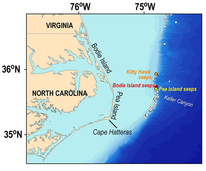 Location of Bodie Island seeps offshore Cape Hatteras, North Carolina, shown relative to the Pea Island and Kitty Hawk seep fields which were explored in April 2019 as part of the DEEP SEARCH 2019 expedition.