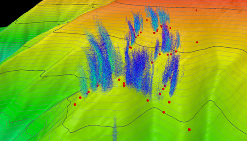 Upslope three-dimensional view of the Bodie Island seeps, with the upper slope bathymetry contoured at 10 meters (~39 feet). Bathymetry is shown with vertical exaggeration. Blue and green clouds in the water column were imaged by the Okeanos Explorer’s multibeam sonar and represent acoustic returns from ascending bubbles associated with methane plumes generated at seafloor gas seeps. The red circles on the seafloor are seep locations identified from previous water column imaging. Note that not every previously identified seep was associated with a methane plume during the current Okeanos Explorer expedition.