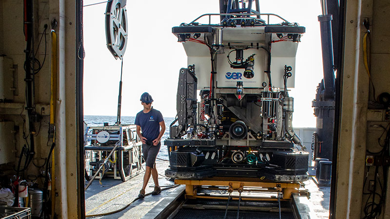 Remotely operated vehicle Deep Discoverer being prepared for launch during a dive for the Windows to the Deep 2018 expedition. Image courtesy of Art Howard, GFOE, Windows to the Deep 2018.