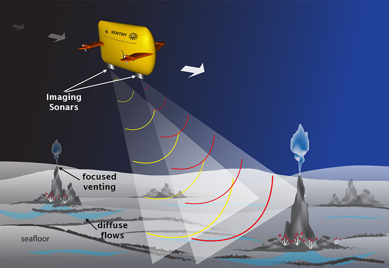 Schematic illustrating how the project team will use an autonomous underwater vehicle to collect seafloor data using coordinated multibeam sonars. Image courtesy of Kim Reading, Applied Physics Lab, University of Washington.