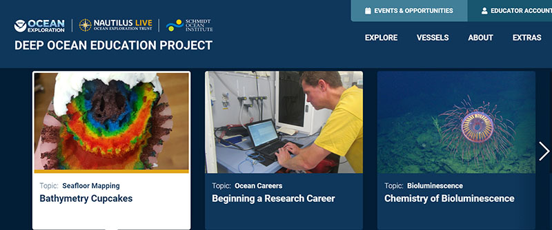 The front page of the newly launched Deep Ocean Education Project, a collaborative effort by NOAA Ocean Exploration, Ocean Exploration Trust, and Schmidt Ocean Institute to provide an engaging “one stop shop” for educational ocean education materials and visual resources.