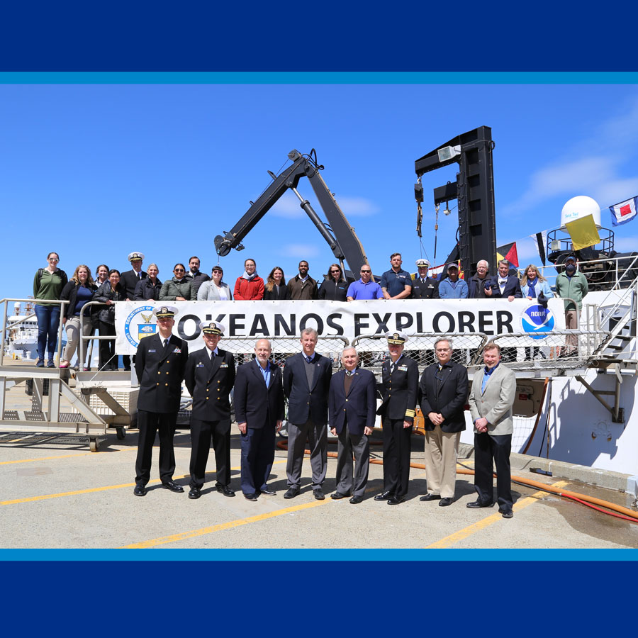 Group photo of the VIP tours of NOAA Ship Okeanos Explorer at its homeport at Naval Station Newport followed by an OECI showcase at the University of Rhode Island at its Bay Campus in Narragansett. Attendees included U.S. Senator Reed of Rhode Island and congressional staff.
