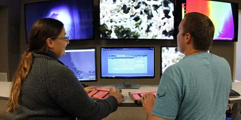 Scientists at Florida Atlantic University’s Harbor Branch Campus have developed a programmable “hot keypad” system and database that was tested during the OER 2014 Exploration of the Gulf of Mexico. The system allows scientists to rapidly and accurately annotate observations with complete taxonomic information while observing the live video stream. Faculty there also developed structured curricula that use real-time datasets to provide students with real-world data analysis and annotation experience.
Credit: B. Cousin, FAU Harbor Branch.