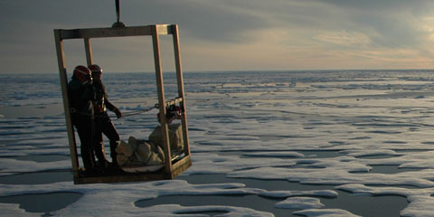 Scientists are lowered down onto Arctic ice in a 'man lift.