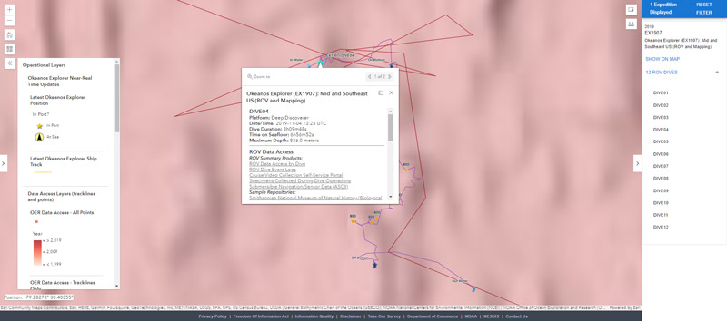 Another screenshot of the NOAA Ocean Exploration Data Atlas ROV Dive Pop-Up Windows