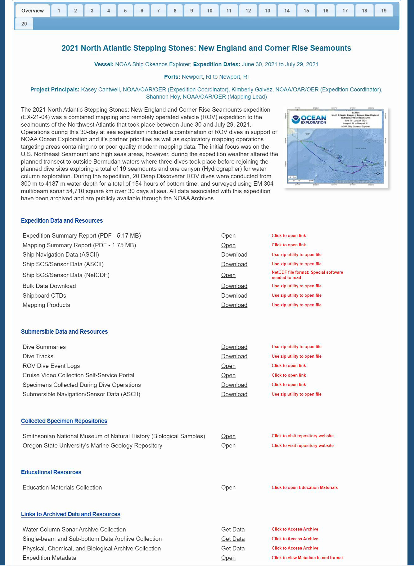 Screenshot of the NOAA Ship Okeanos Explorer Data Landing Pages