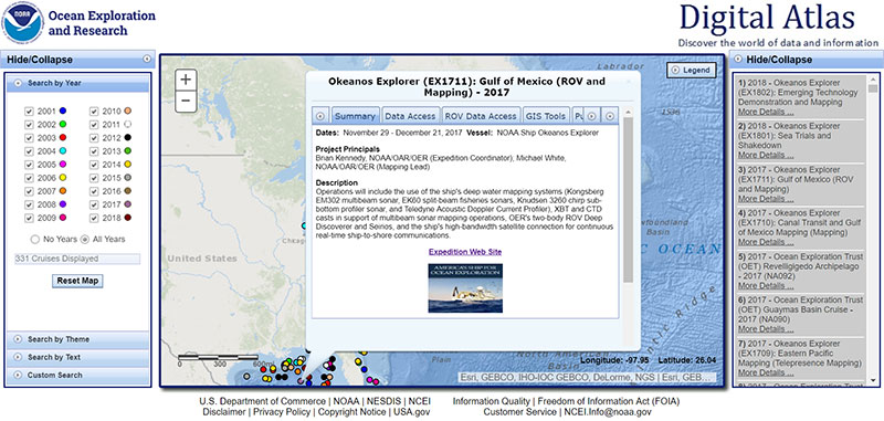 Screenshot of the NOAA Ocean Exploration Data Atlas