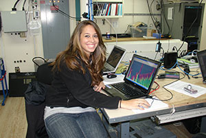 Shannon on her first research cruise was on the R/V Ronald H. Brown. Here, she is learning seafloor mapping for the first time.