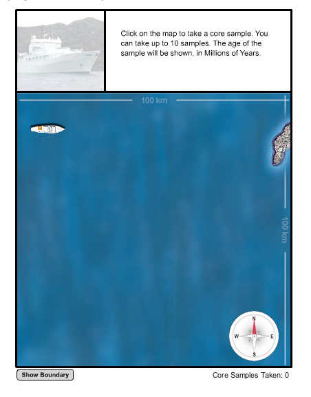 In this activity, you embark on a voyage of scientific discovery, seeking out the tectonic plates hidden deep beneath the sea. Earthquakes and volcanic activity in the area indicate that some type of plate boundary is nearby. Your plan is to map the age of the oceanic crust, because each type of tectonic activity leaves a distinctive age pattern on the seafloor.