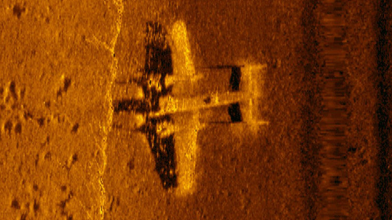 High resolution sidescan sonar image of a WWII B-25 discovered by members of Project Recover in 2017 in Papua New Guinea.