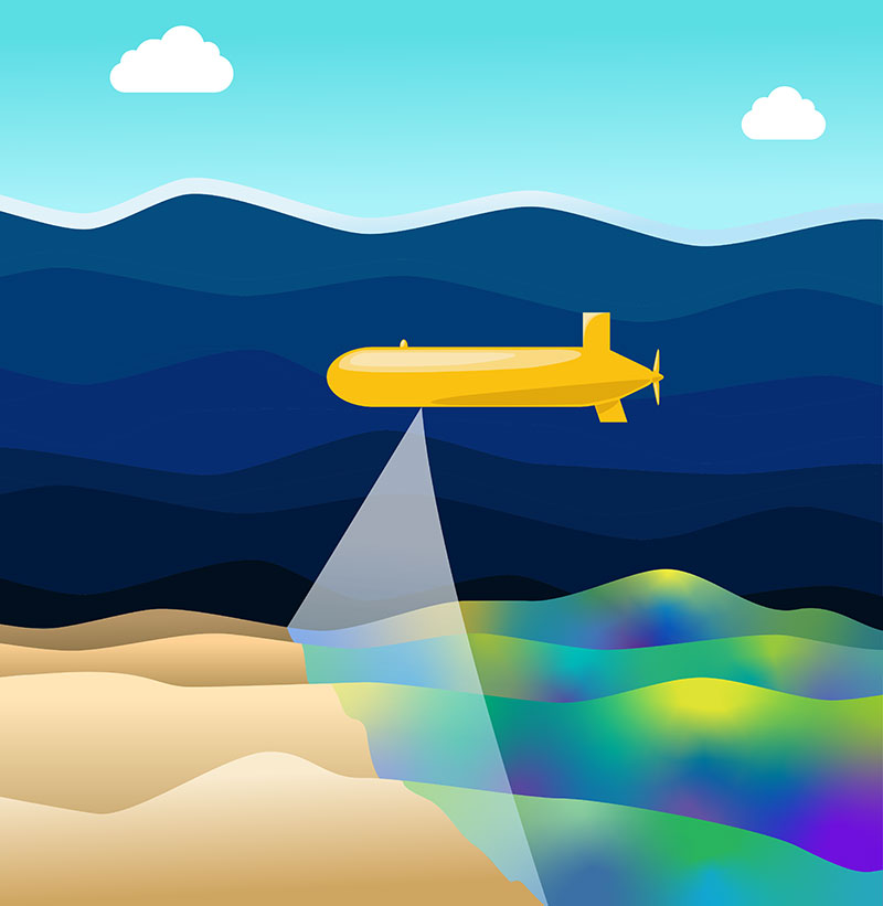 Illustration of an AUV mapping the seafloor from below the sea surface.