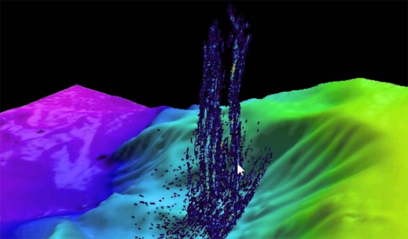 Data from the multibeam sonar on the NOAA Ship Okeanos Explorer provided a 3D image of an underwater gas plume rising 4,600 feet from the seafloor off the California Coast in 2009.