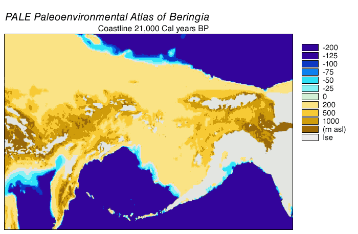 Beringia Land Bridge. Animated gif of its progress from 21,000 BP (before present) to modern times.