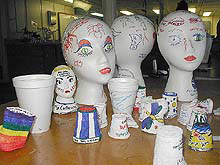 Styrofoam cups and wig heads