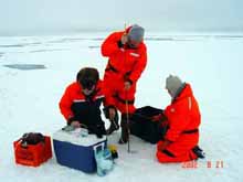 Scientists prepare to collect samples in and under the pack ice
