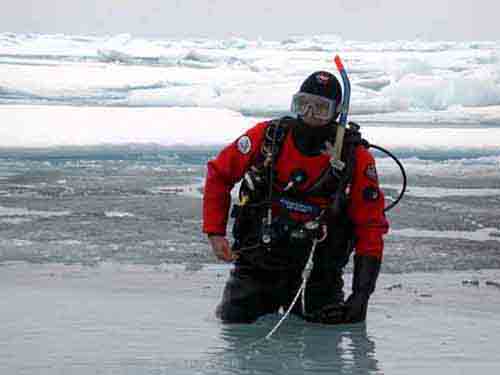 Wayne, preparing for another dive under the Arctic pack ice