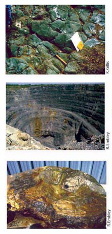 Views and samples of basalts and hydrothermal deposits