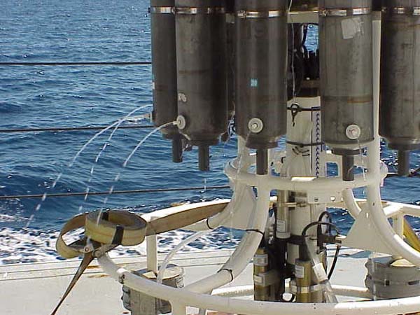 Niskin bottles on the CTD rosette releasing water from as deep as 3000 meters after samples had been collected.