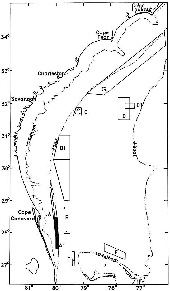 Locations of deep-water Oculina and Lophelia coral reefs
