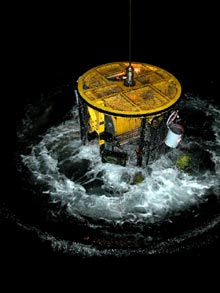 The Innovator ROV during a recovery at night.