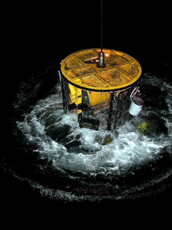 ROV Innovator during a recovery at night.