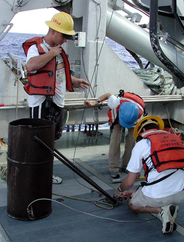 While working on deck, the science party and crew should always wear hard hats and life vests.