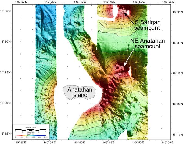 Map of EM300 multibeam sonar bathymetry around Anatahan island