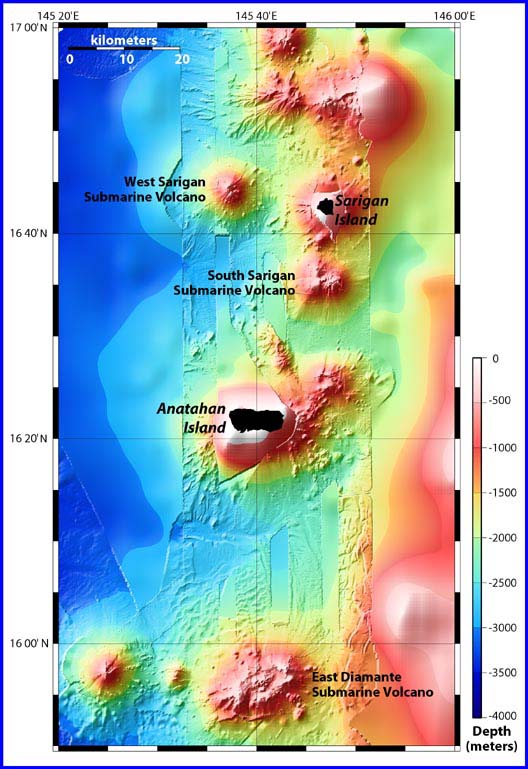 Location map showing East Diamante and the Sarigan submarine volcanoes