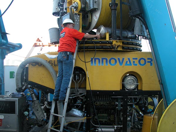 Sonsub technician, Maurice Rivard, works on the Innovator ROV