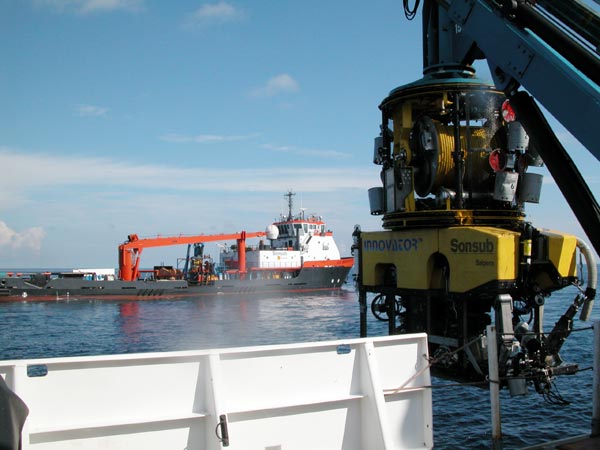Innovator ROV being launched from the Ron Brown during a test dive