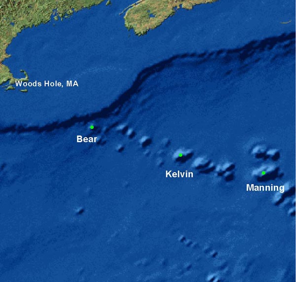 Map showing the locations of Bear, Kelvin and Manning seamounts
