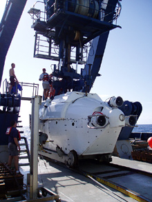 The DSV Alvin crew readies the sub for a dive.