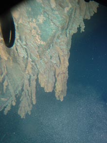 Rusticles growing down the stern of Titanic