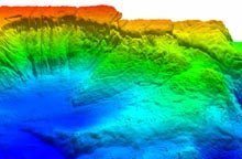 Regional 3-D view with colors representing depth shows the scarp from a different angle