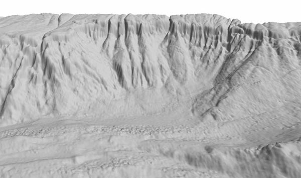 Two views of the same slide imaged by the multibeam bathymetry method.