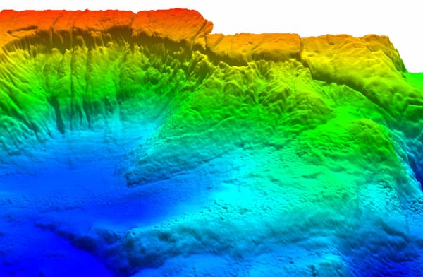 Two views of the same slide imaged by the multibeam bathymetry method.
