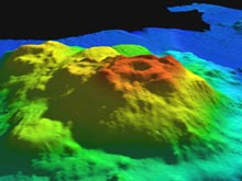 A multi beam image of Ely Seamount, the caldera is visible at the apex of the seamount.
