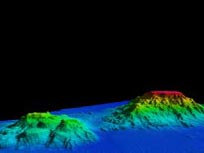 A 3-D perspective generated from our bathymetric mapping of Giacomini (right) and Ely (left).