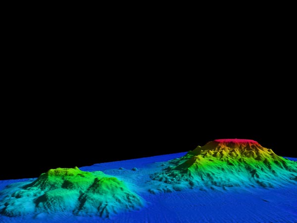 A 3-D perspective generated from our bathymetric mapping of Giacomini (right) and Ely (left).