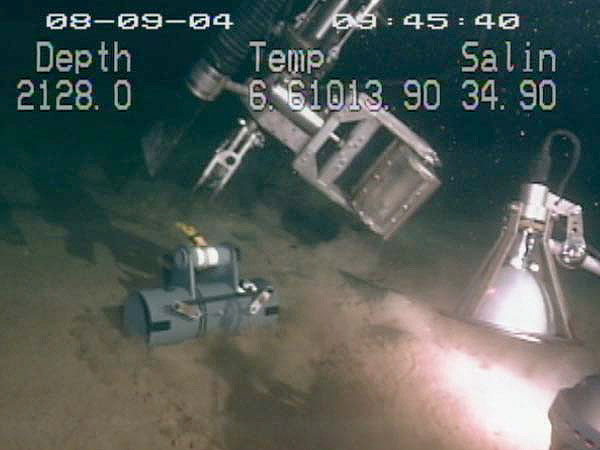 The mechanical arm of the Johnson-Sea-Link places a baited benthic trap on the seafloor, just outside the brine pool.