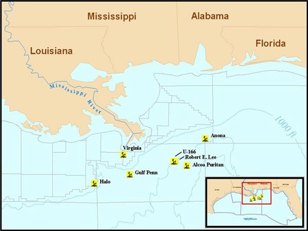 World War II Gulf OF Mexico Shipwrecks Survey Map