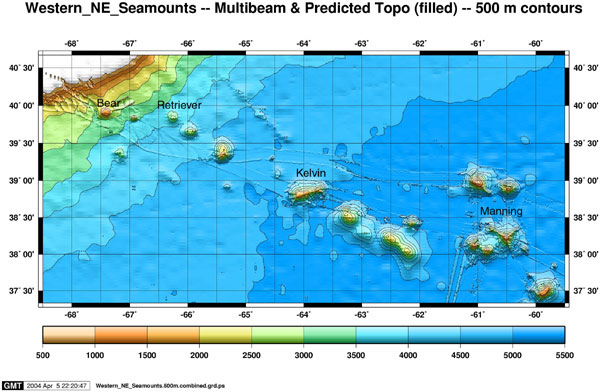 Western North East Seamounts multibeam and predicted topo (filled - 500 m contours).
