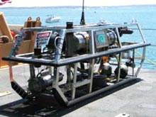 IFE’s light-bearing camera sled ARGUS on the deck of the NOAA ship Ronald H. Brown.