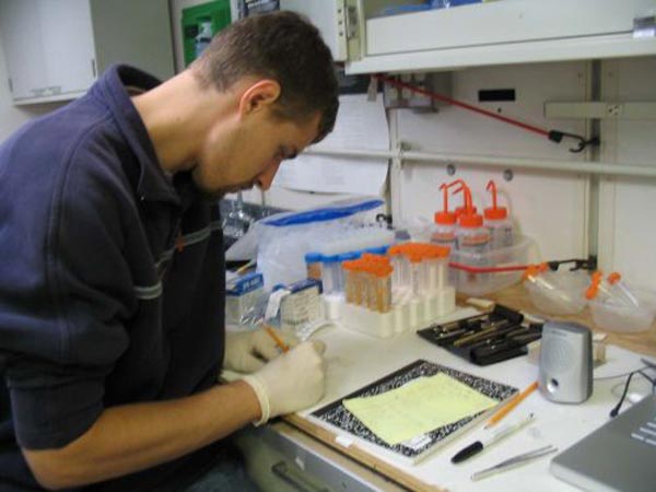 Graduate student Mercer Brugler processes samples by preserving them in ethanol.
