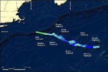 Map showing 2004 multibeam mapping efforts from the Ronald H. Brown.