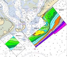 Bathymetric map of areas surveyed at the entrance to Ocracoke.