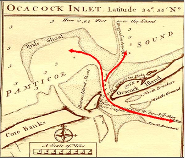 Edward Moseley's 1733 map of Ocracoke Inlet.